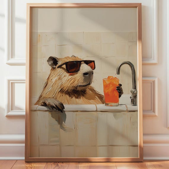 Capybara Wall Art Print Vertical Tropical Bathroom With Cocktail Retro Illustration Animal