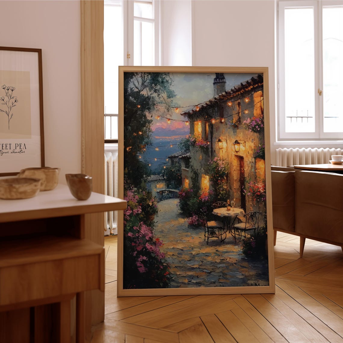 Romantic European Village Street Lights Impressionist Evening Poster