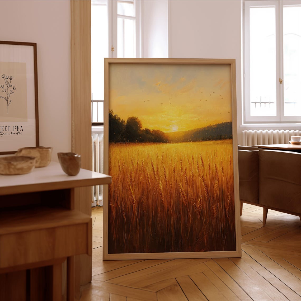 Golden Wheat Field Sunset Birds Impressionist Countryside Poster