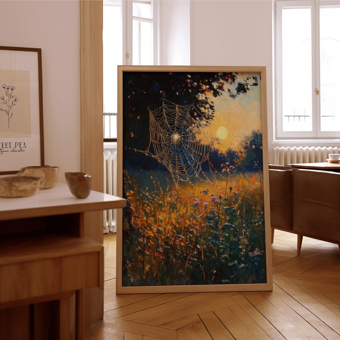 Impressionist Spider Web Golden Sunset Meadow Nature Art Poster