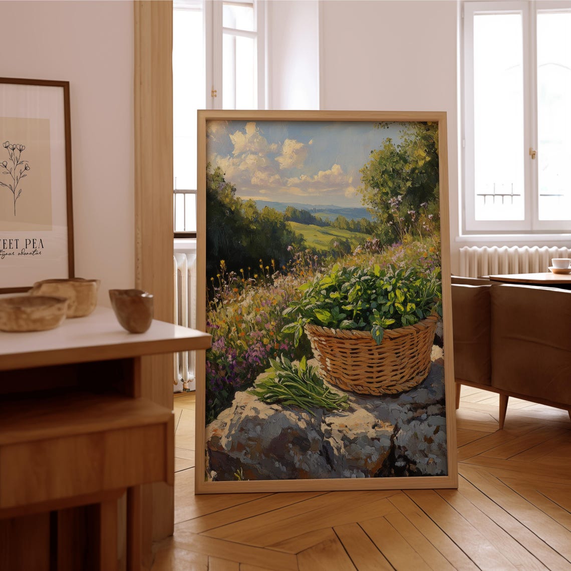 Fresh Herb Basket Garden Landscape Rustic Farmhouse Kitchen Wall Art
