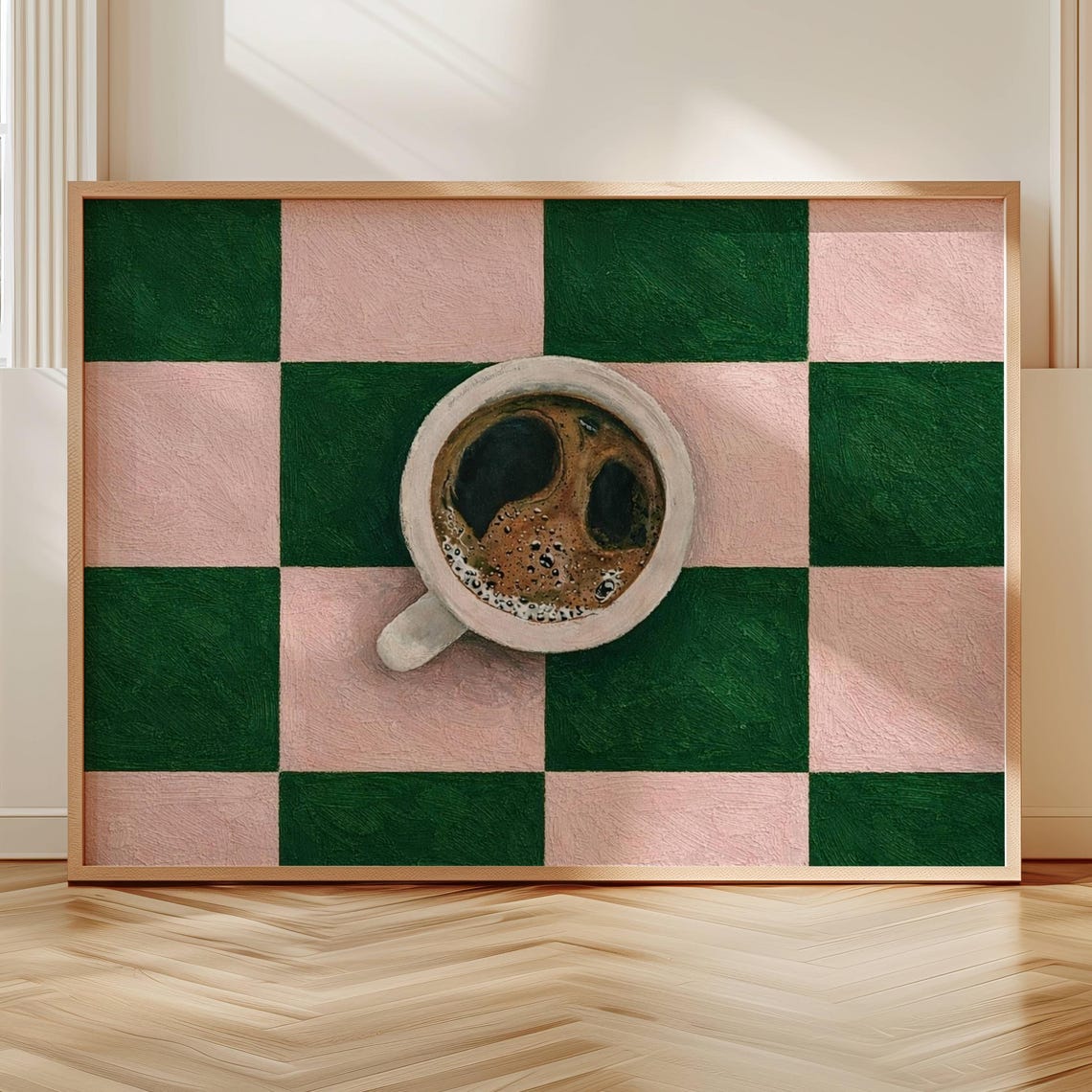 Top View Espresso Coffee Cup Green and Pink Checkered Art Print