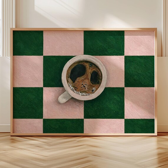 Minimalist Espresso Coffee Oil Painting Print Hand Drawn Kitchen Wall Art Retro Pink Green Checkered Cup Poster Bar Decor