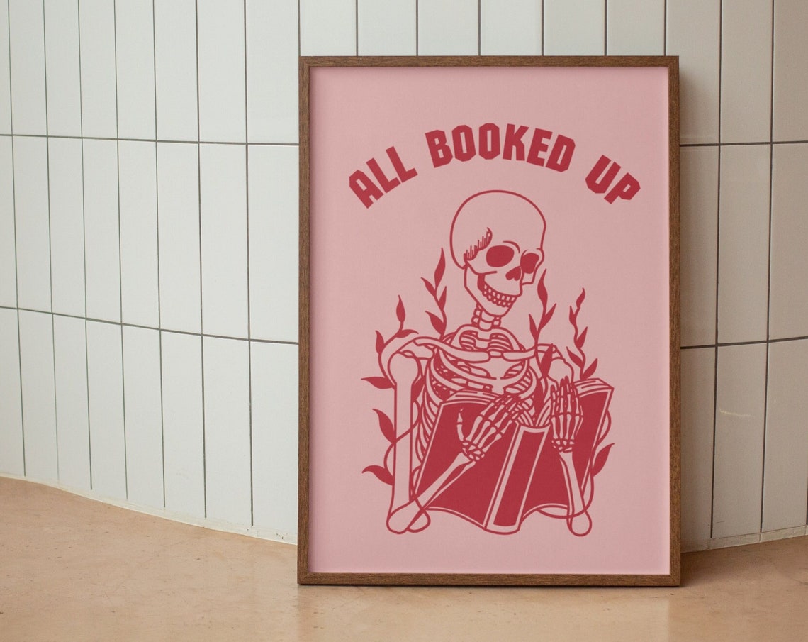 All Booked Up Pink Skeleton Reading Retro 70s Book Lover Wall Poster - Image 2