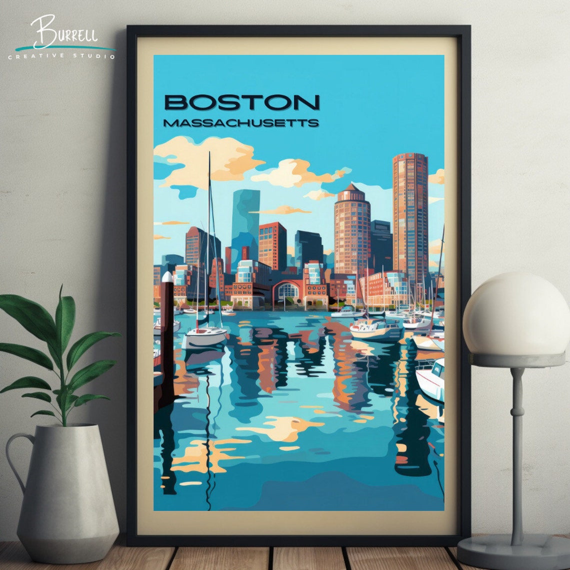 Boston Massachusetts Harbor Skyline Sailboat Retro Travel Poster