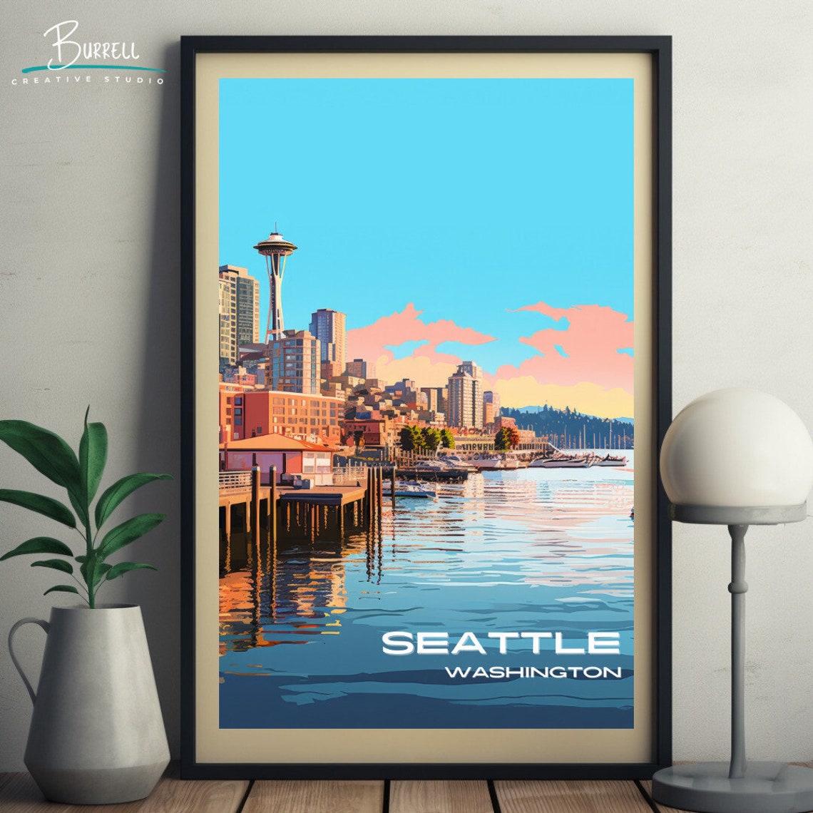 Seattle Washington Space Needle Waterfront Piers Harbor Travel Poster - Image 5