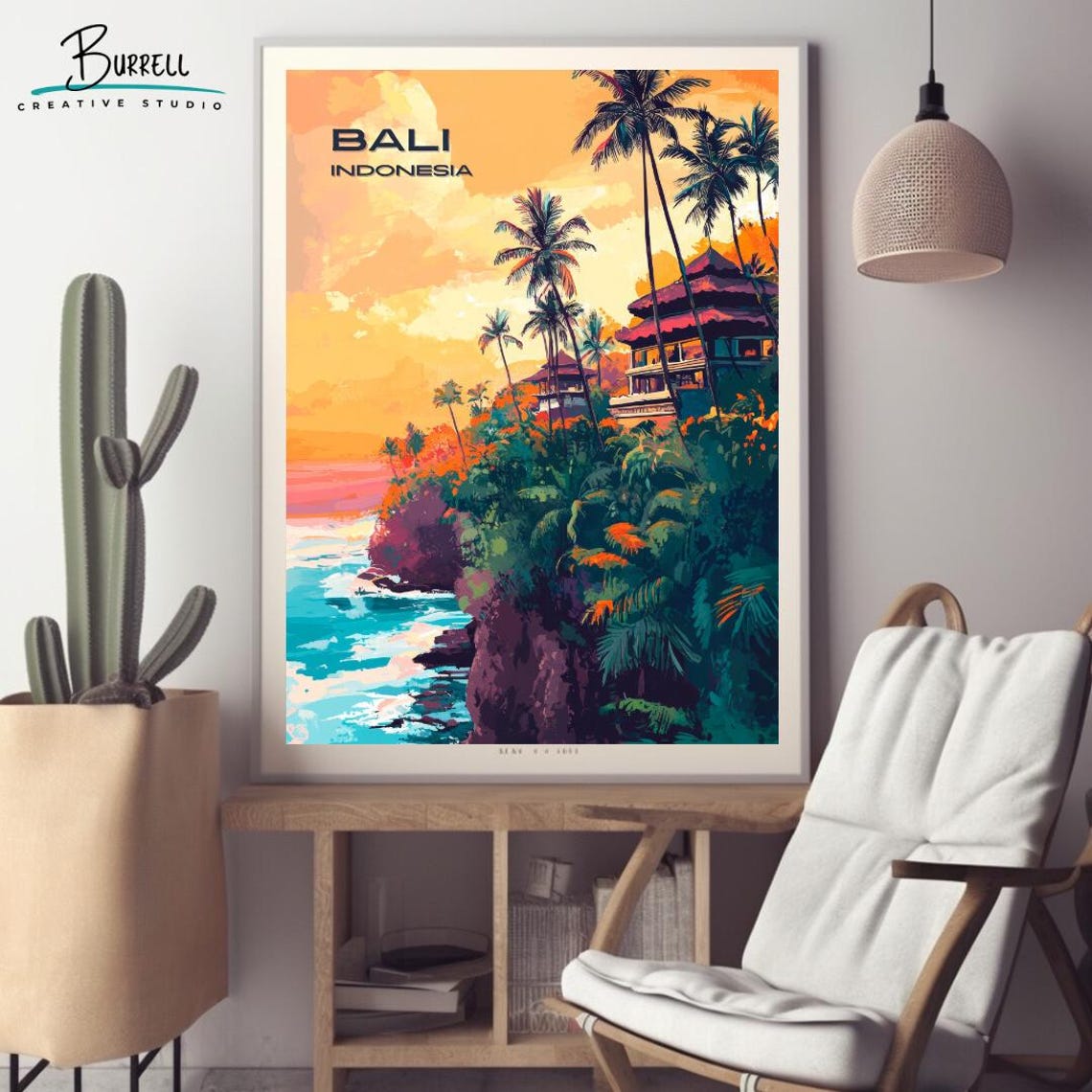 Bali Indonesia Clifftop Temple Palm Silhouette Ocean Sunset Poster - Image 2