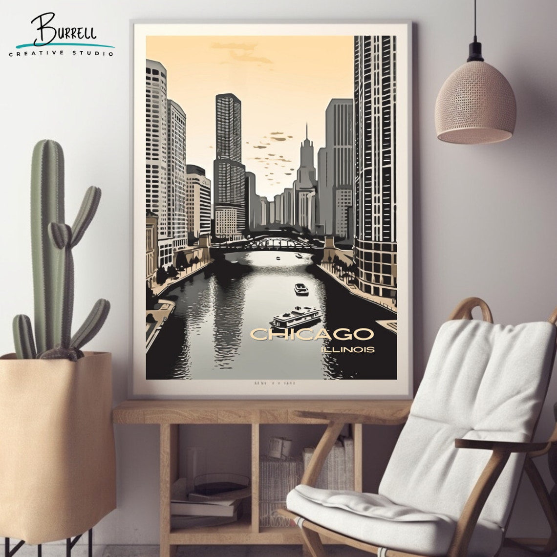 Chicago Illinois Chicago River Skyline Bridge Illustration Poster - Image 2