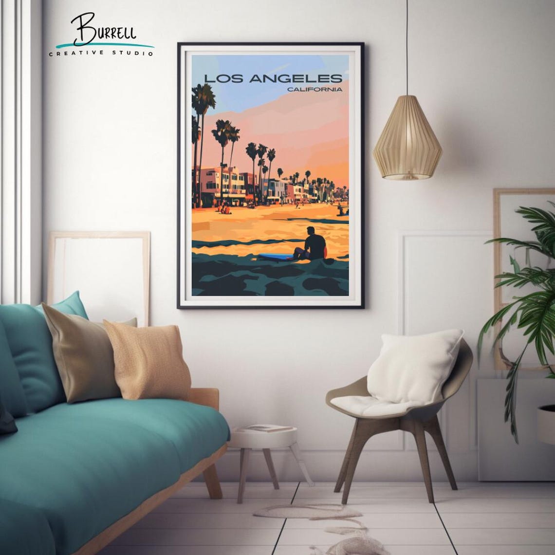 Los Angeles Venice Beach Surfer Sunset Palms Beachfront Travel Poster - Image 3