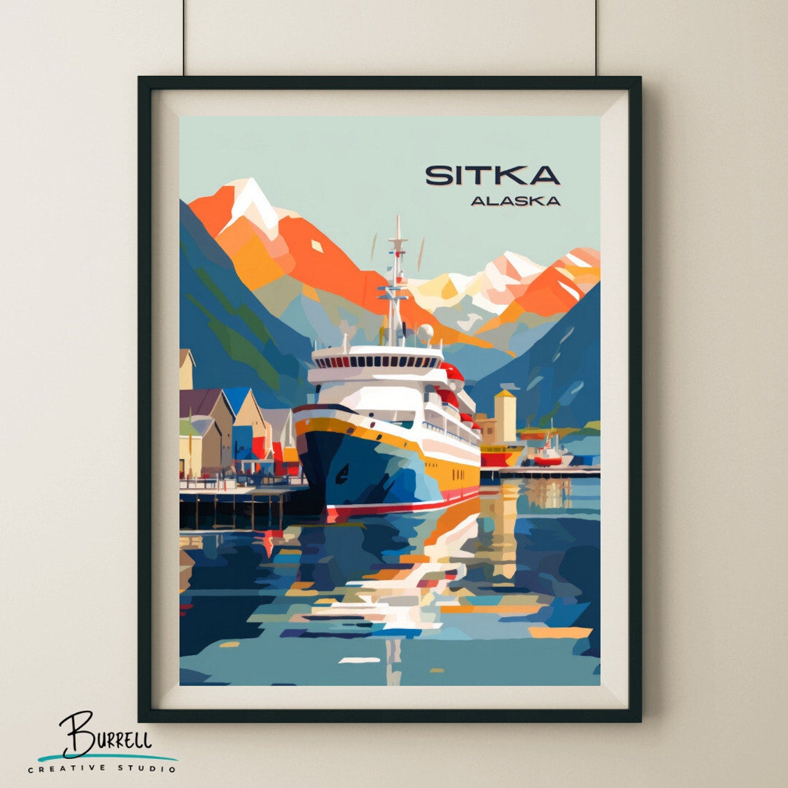Sitka Alaska Cruise Ship Harbor Snowy Mountain Waterfront Poster