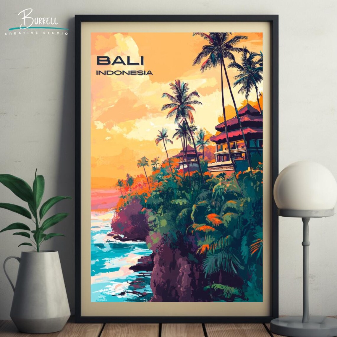 Bali Indonesia Clifftop Temple Palm Silhouette Ocean Sunset Poster - Image 5