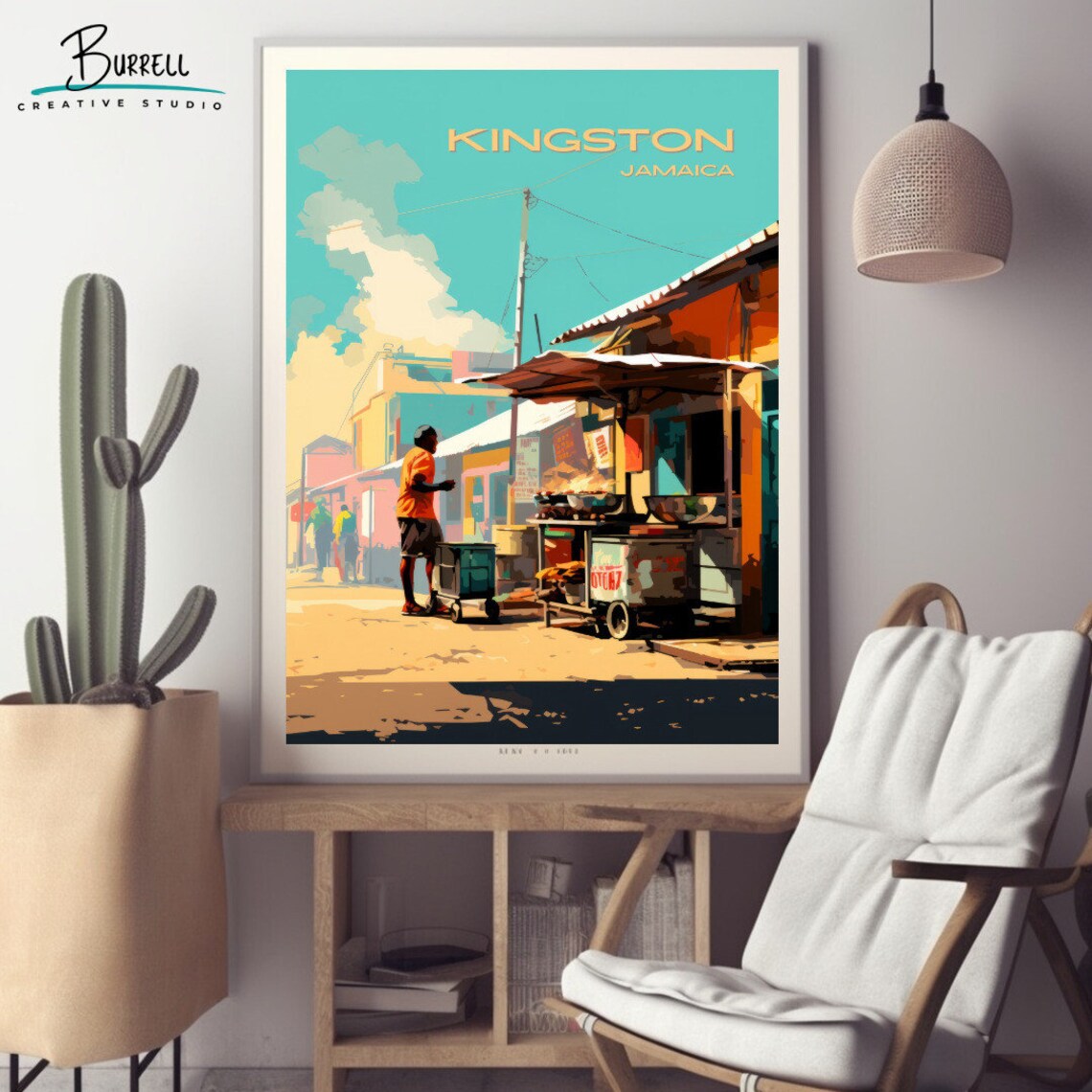 Kingston Jamaica Street Food Vendor Market Colorful Travel Poster