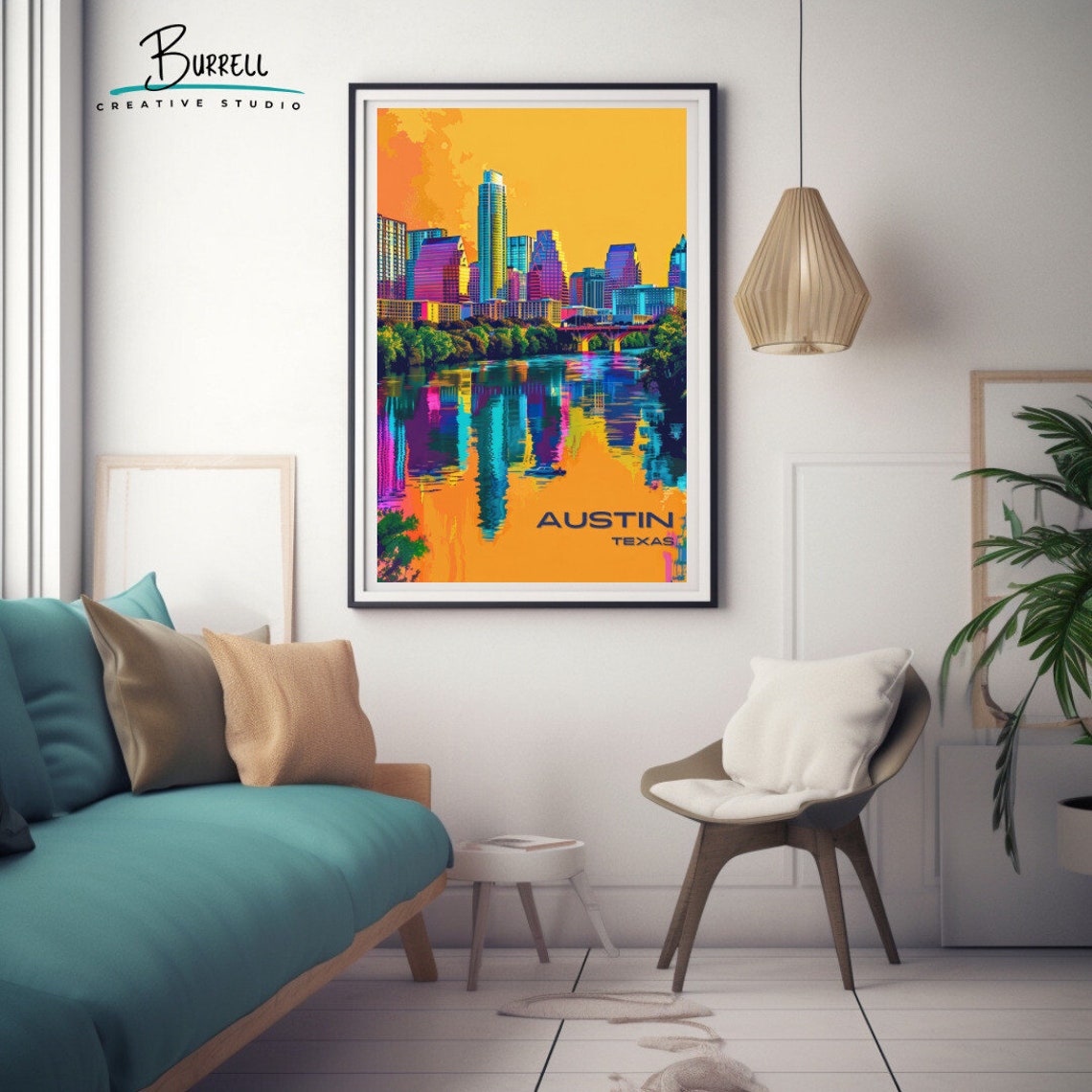 Austin Texas Skyline Neon Sunset Reflection Lady Bird Lake Poster - Image 3