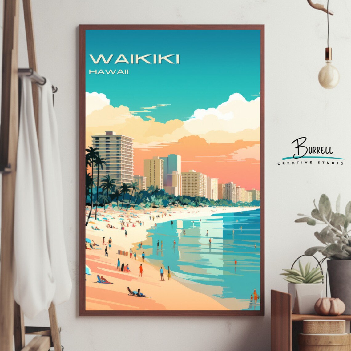 Waikiki Hawaii Beach High Rises Crowded Shore Sunset Travel Poster - Image 4