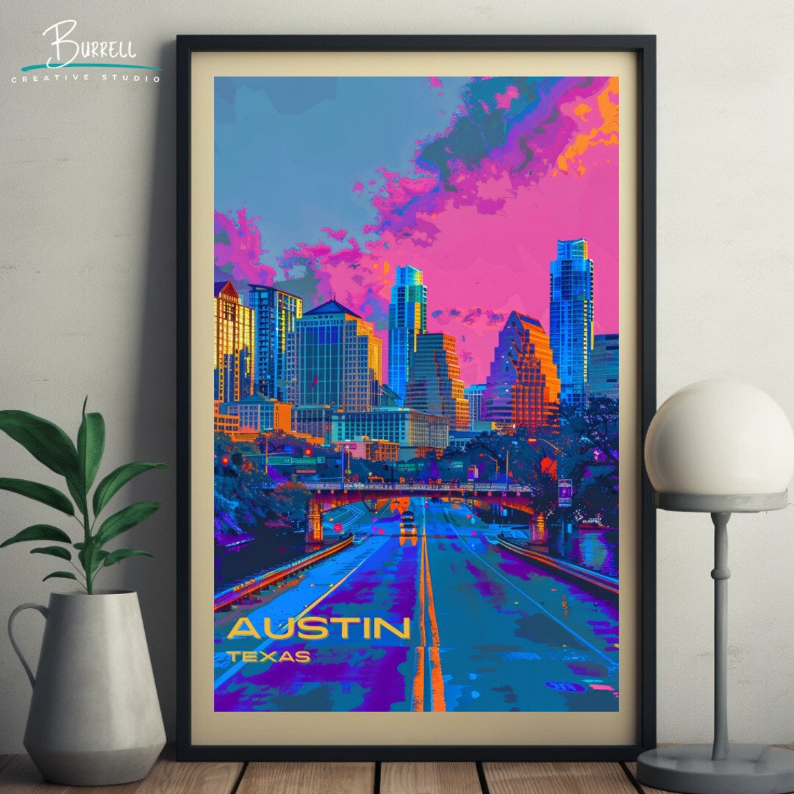 Austin Texas Neon Skyline Over Congress Bridge At Dusk Poster - Image 5