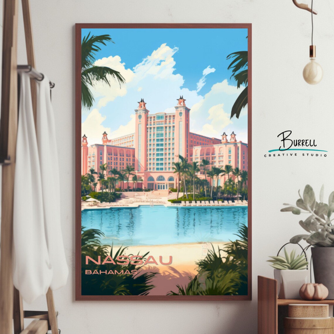 Nassau Bahamas Pink Resort Towers Lagoon Tropical Island Travel Poster - Image 4