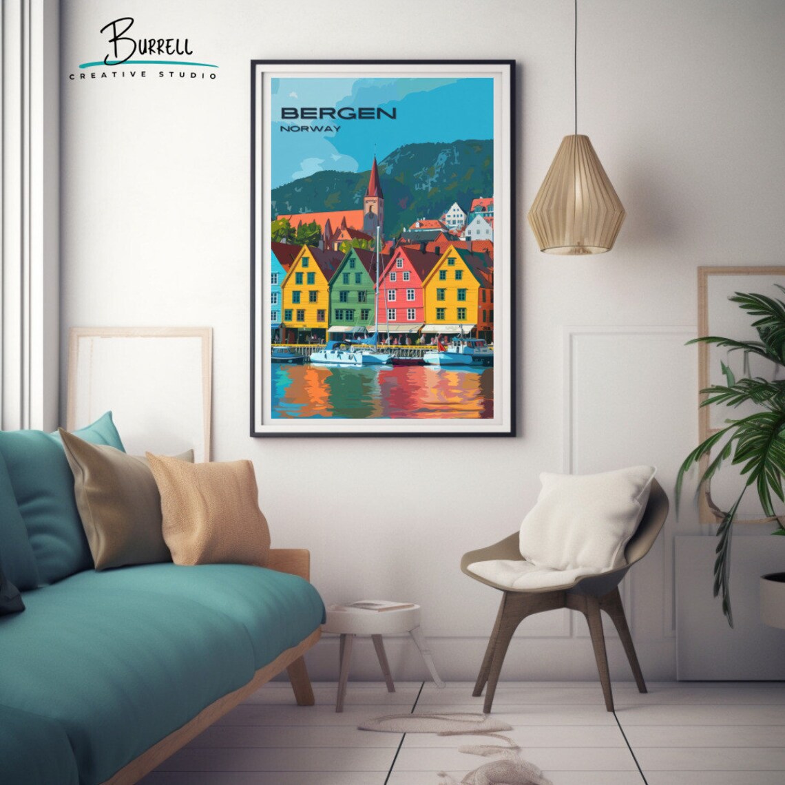 Bergen Norway Bryggen Wharf Colorful Waterfront Harbor Boats Poster - Image 3