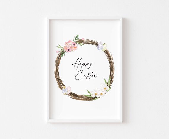Happy Easter Watercolor Wreath Pink Pastel Floral Spring Poster