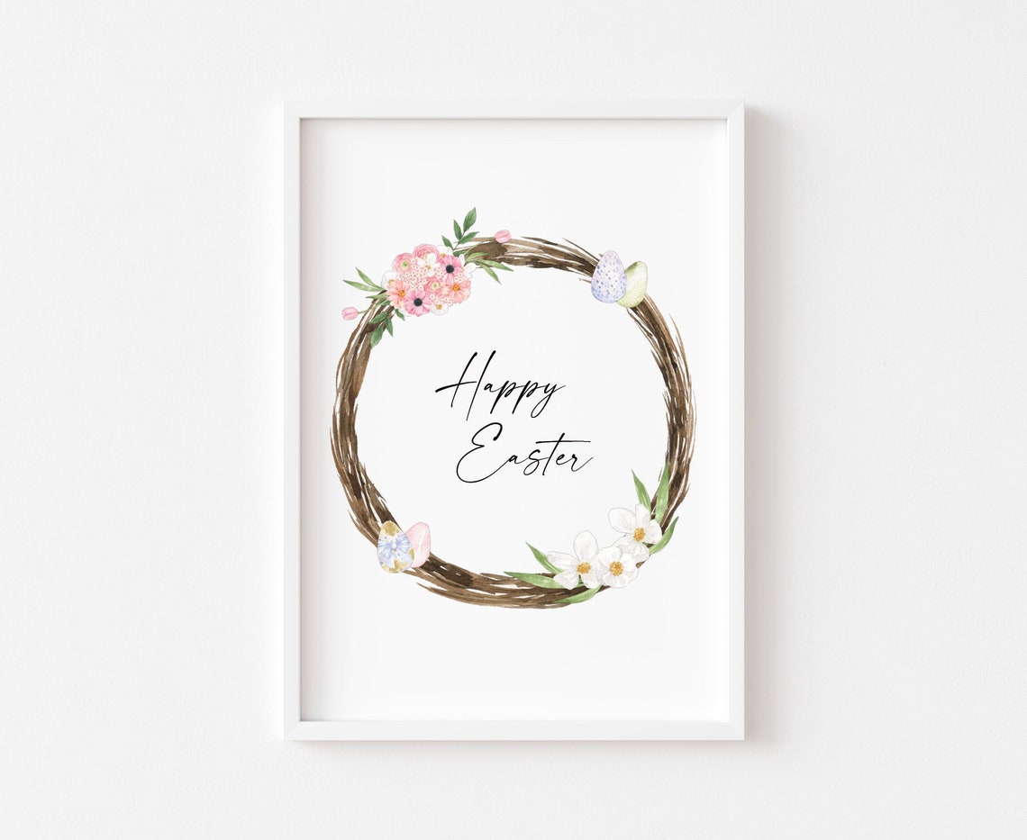 Happy Easter Watercolor Wreath Pink Pastel Floral Spring Poster