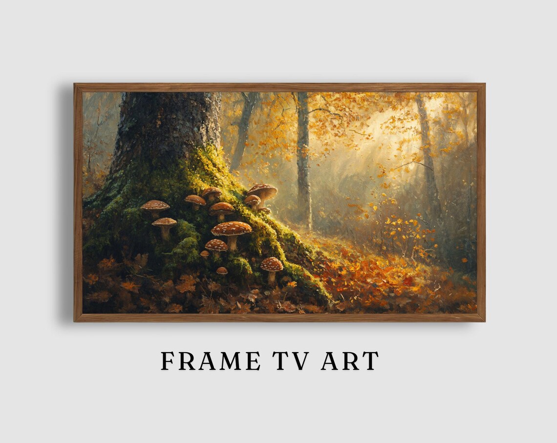 Red Capped Mushrooms at Mossy Tree Base Sunlit Autumn Woodland Art Poster