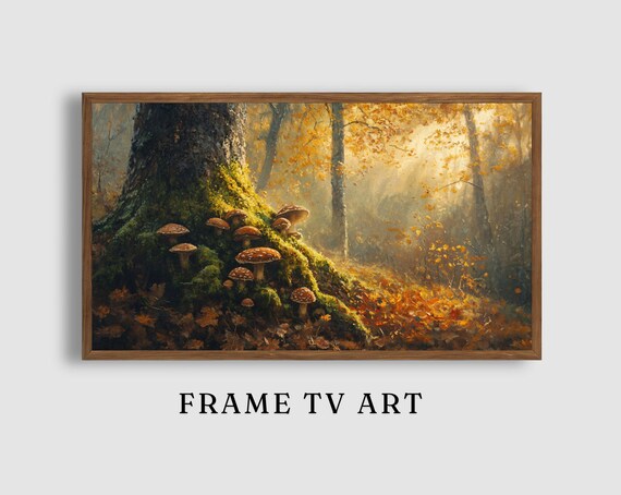 Red Capped Mushrooms at Mossy Tree Base Sunlit Autumn Woodland Art Poster