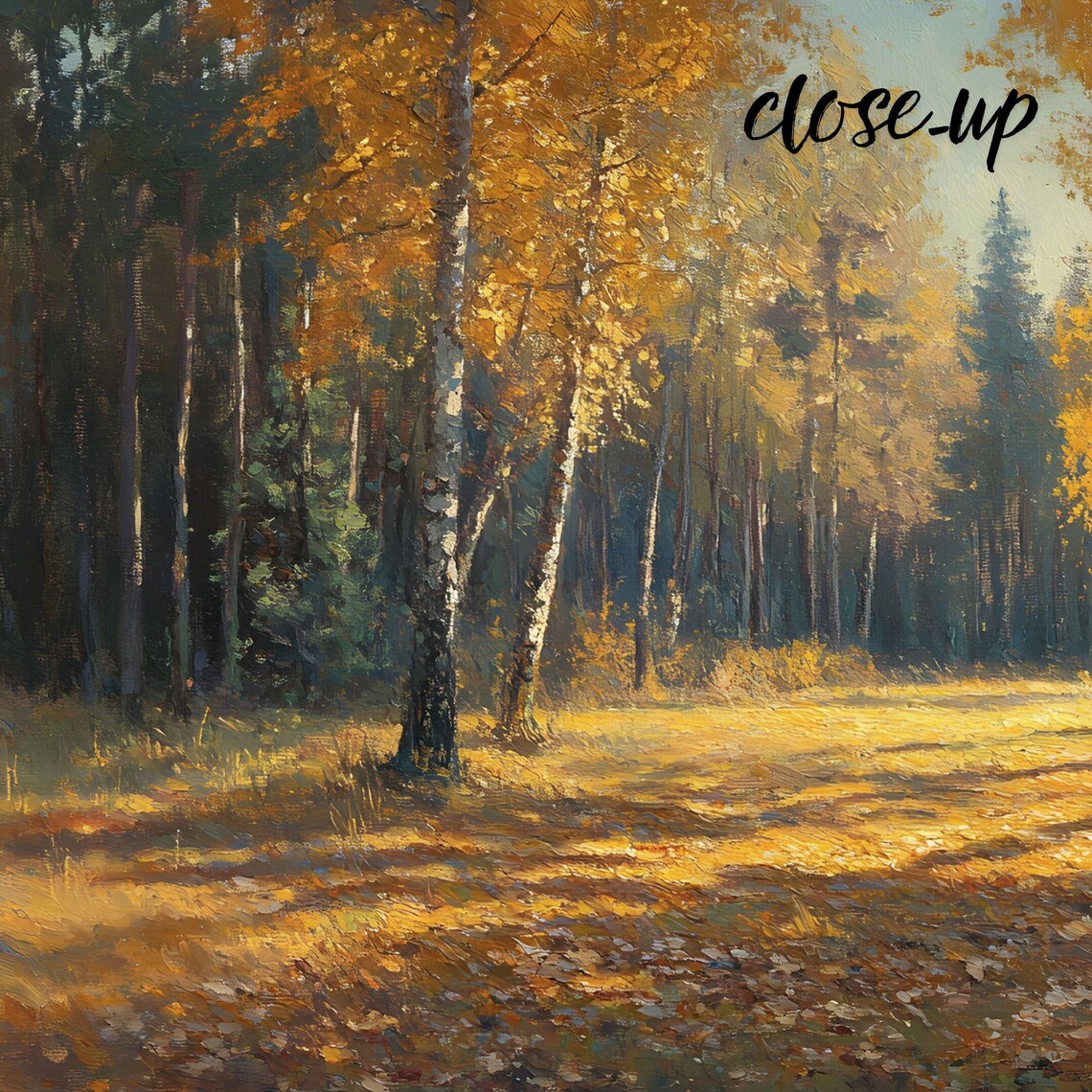 Golden Birch Grove Autumn Sunbeams Tall Trees Forest Landscape Art Poster - Image 3