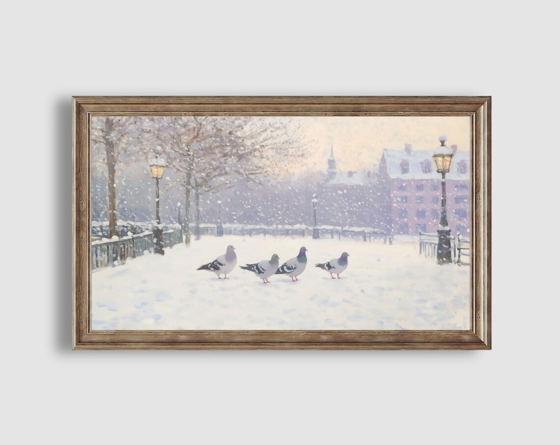 Pigeons Gathering on a Snowy Park Path with Lampposts in Winter Painting Poster - Image 2