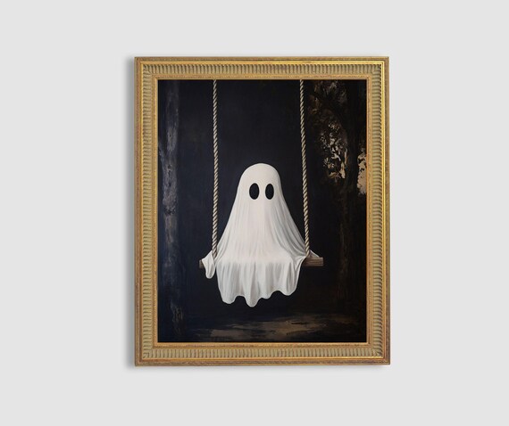 Cute Ghost Sitting on Swing Dark Moody Halloween Painting Poster