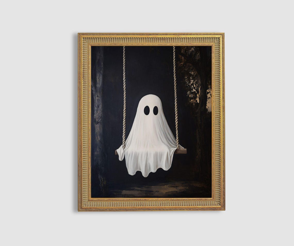 Cute Ghost Sitting on Swing Dark Moody Halloween Painting Poster