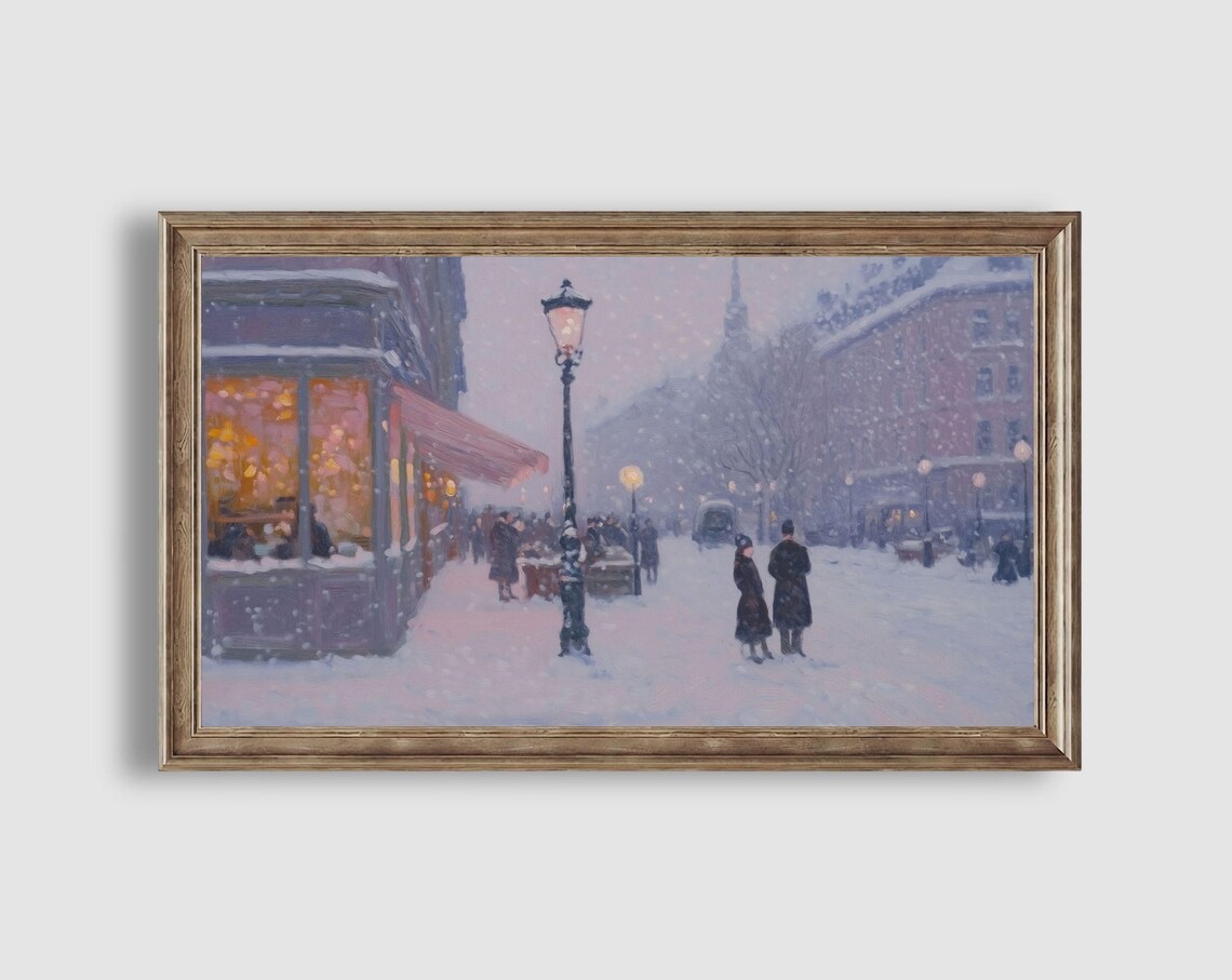 Snowy Evening Street with Glowing Cafe Windows and Strolling Figures Poster - Image 2