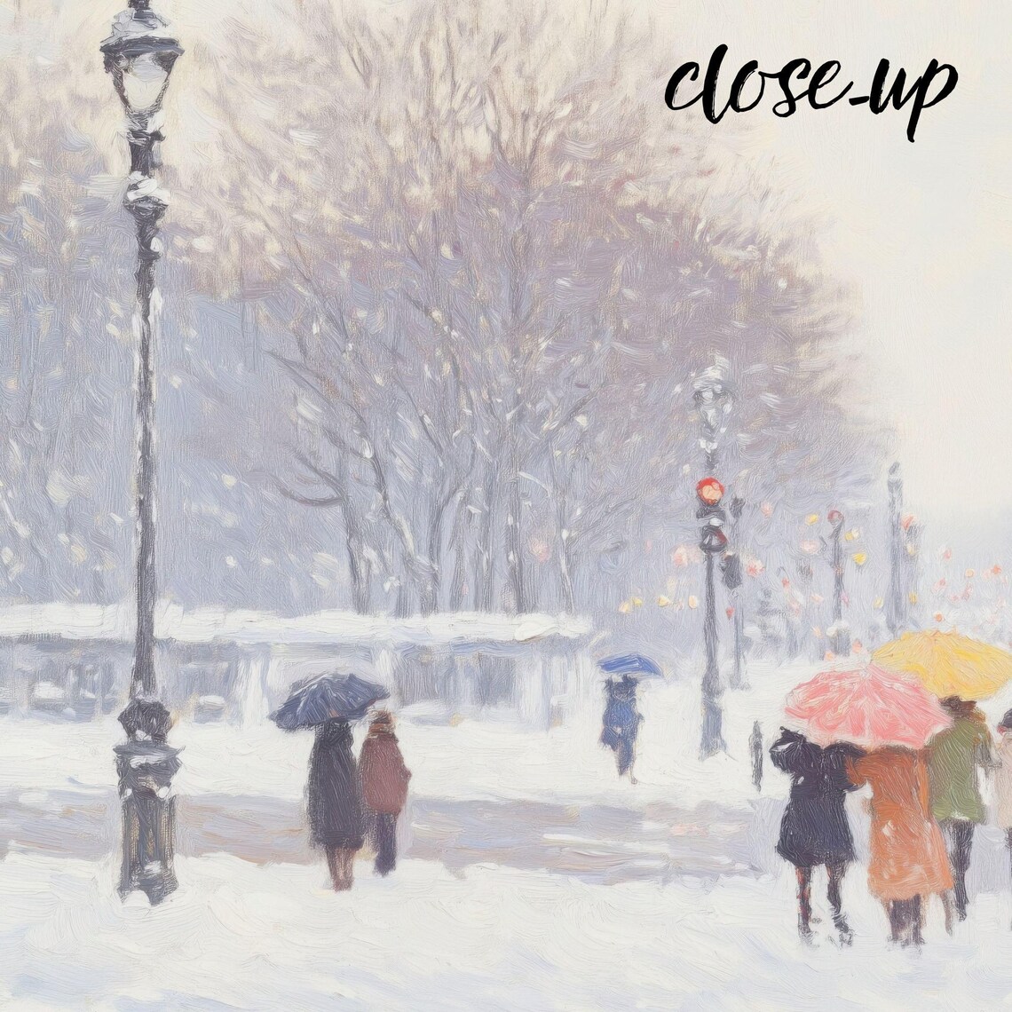 Colorful Umbrellas Crossing a Snowy Winter Boulevard in Impressionist Style Poster - Image 4