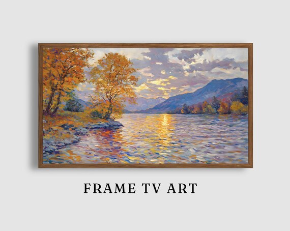 Golden Autumn Lakeside Sunset with Trees Reflecting on Calm Water Painting Poster
