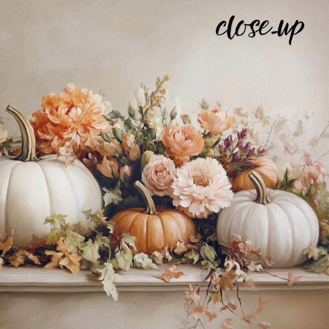 Pumpkins with Autumn Flowers Elegant Mantel Arrangement Poster - Image 3