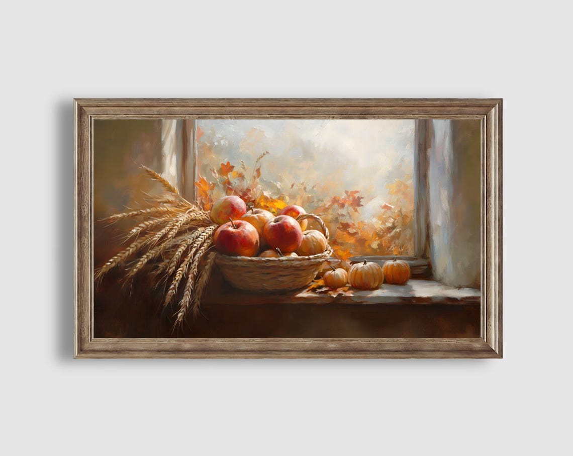 Harvest Basket Apples Wheat Pumpkins Autumn Still Life Print - Image 2