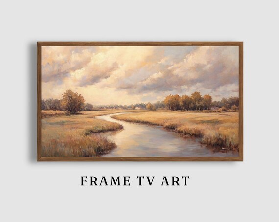 Golden Autumn River Winding Through Misty Pastoral Meadows Painting Poster