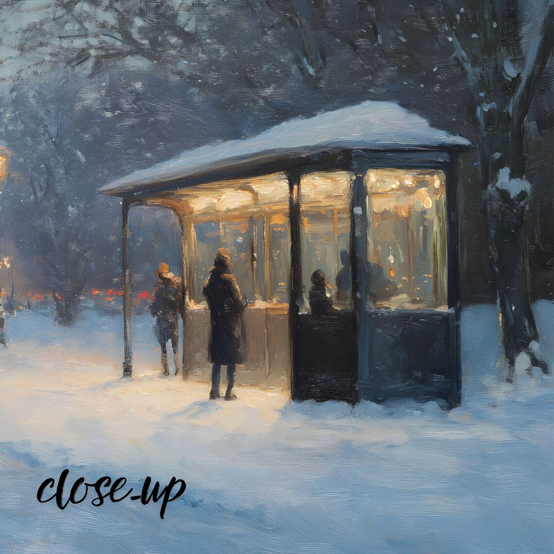 Snowy City Bus Stop Dusk Street Lamps Winter Urban Evening Art Poster - Image 4