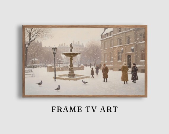 Snowy City Square Fountain Pigeons Winter Gathering Scene Poster