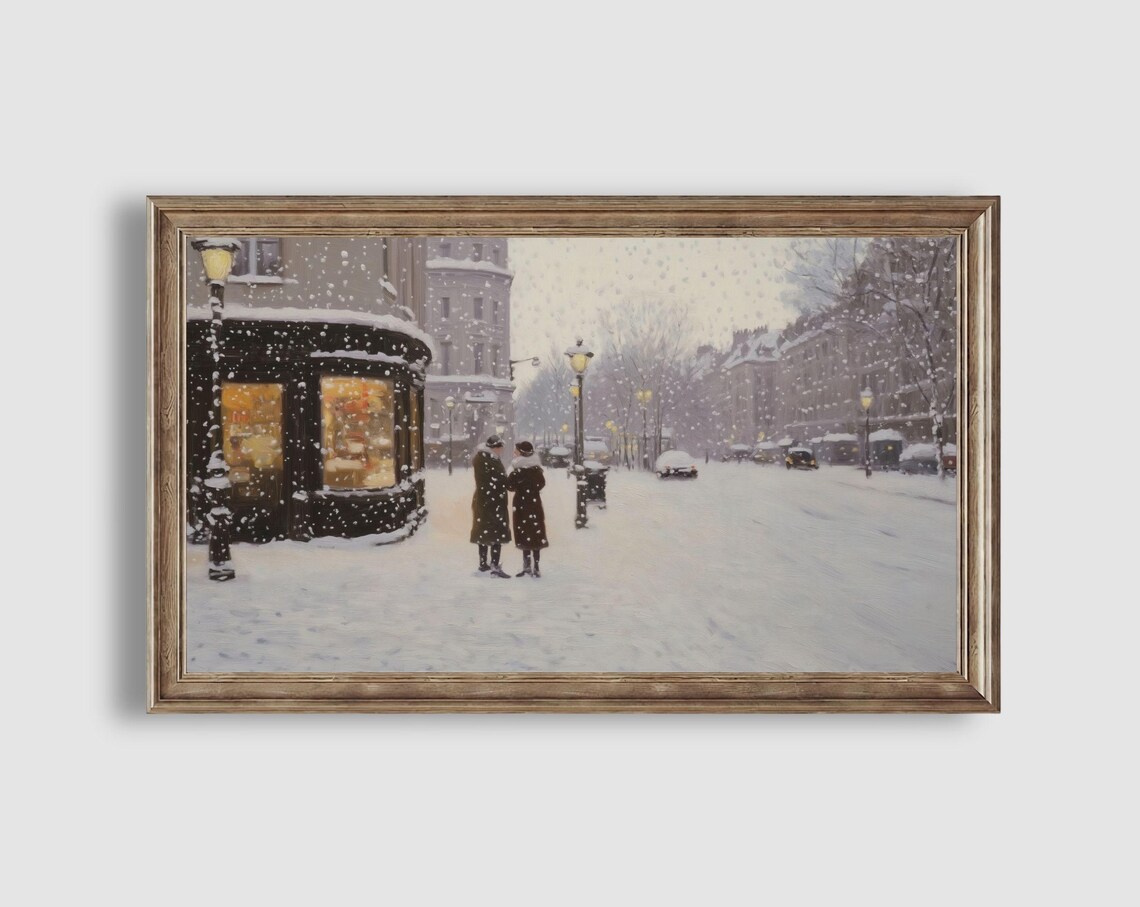 Couple Snowy Street Corner Glowing Shop Window Winter Evening Poster - Image 2