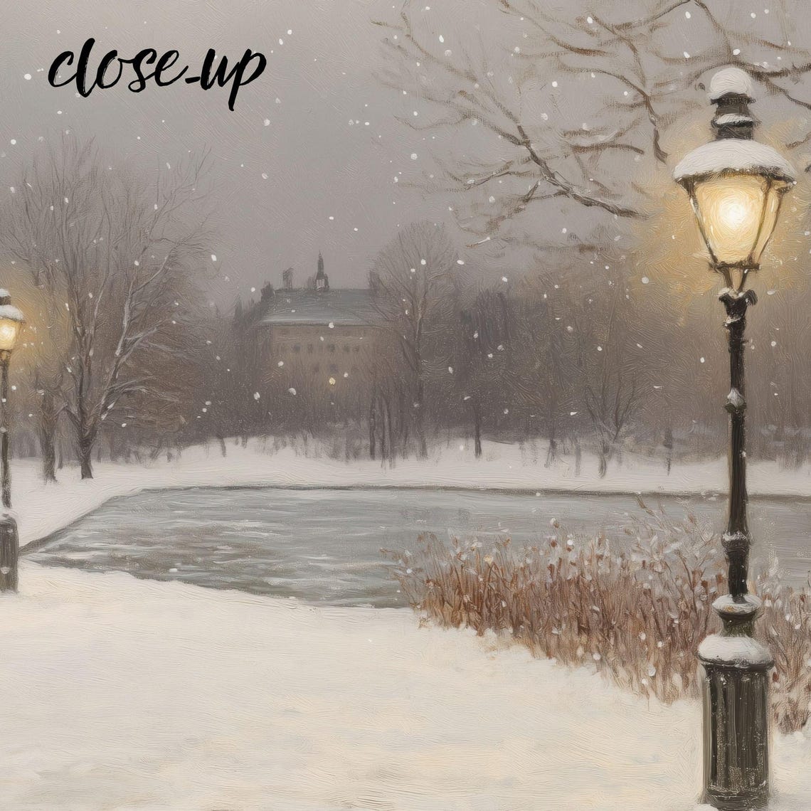 Snowy Winter Park Bench Lamppost Falling Snow Landscape Poster - Image 3