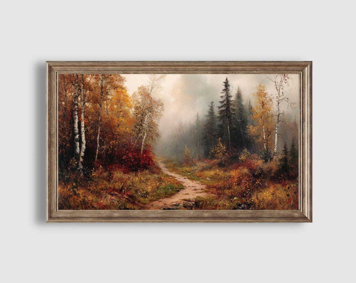 Misty Autumn Forest Path Birch and Pine Golden Light Trail Art Poster - Image 2