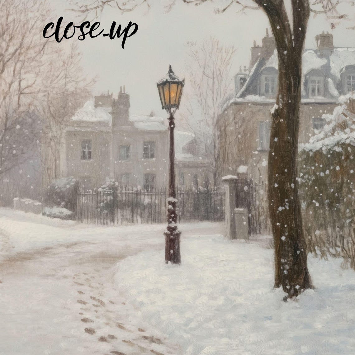 Snowy Stone Street Lamppost Footprints Old Town Winter Scene Poster - Image 4