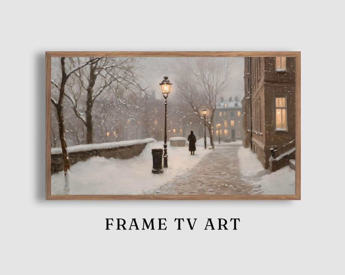 Snowy Evening Street Glowing Lampposts Lone Figure Winter Poster