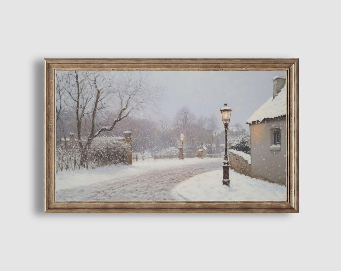 Snowy Cottage Lane Lit Lamppost Bare Trees Winter Scene Poster - Image 2