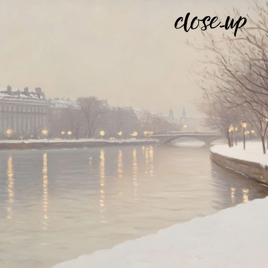 Snowy Riverside Pathway Lamppost River Lights Winter Evening Poster - Image 3