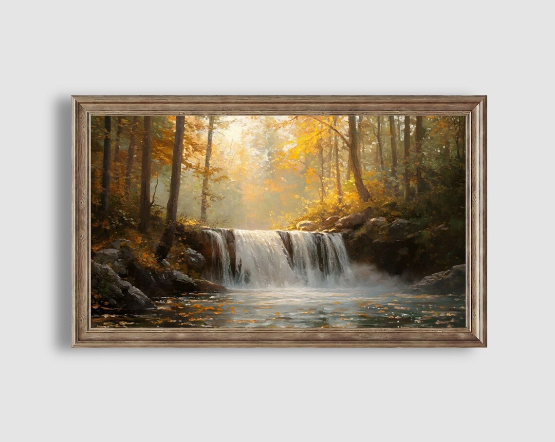 Autumn Waterfall Golden Forest Sunlight Cascading Falls Landscape Art Poster - Image 2