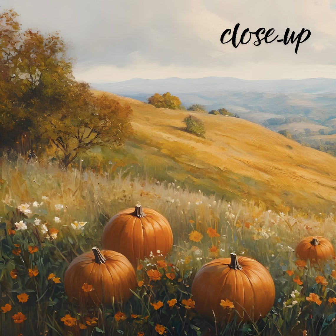 Pumpkins in Golden Flower Field Rolling Hills Harvest Art Poster - Image 4
