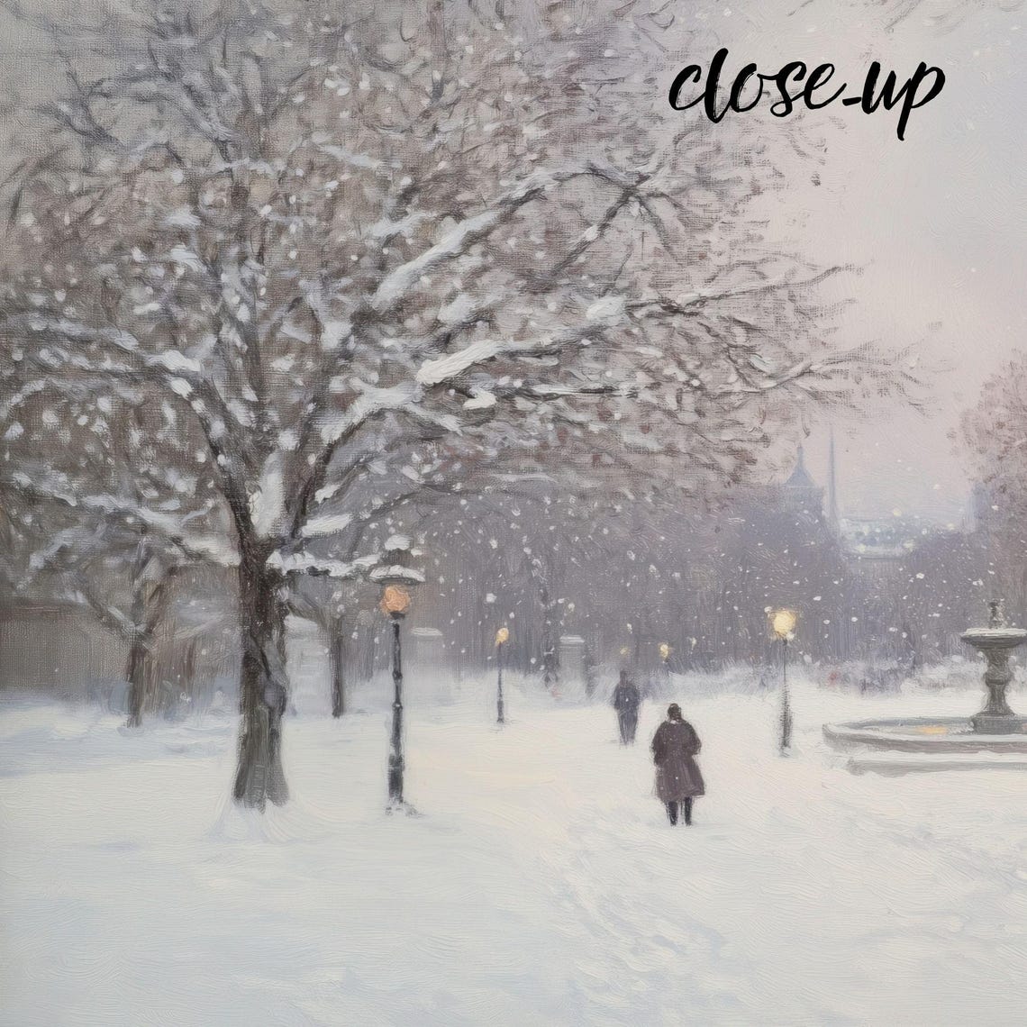 Snowy Park Fountain Lampposts Falling Snow Urban Winter Poster - Image 4