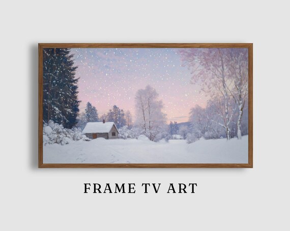 Snowy Forest Cabin Under Starry Pink Sky Winter Woodland Poster