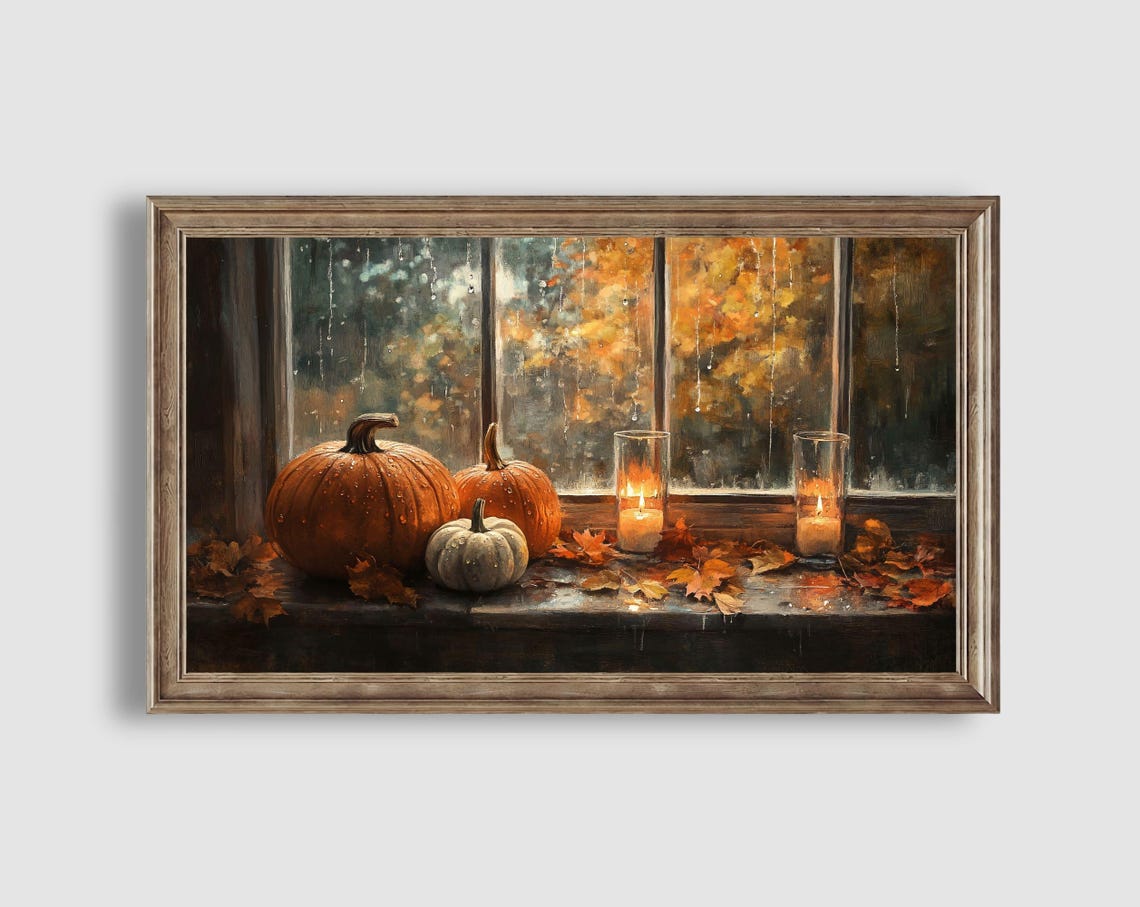 Autumn Pumpkins on Rainy Window Cozy Fall Frame TV Art Poster - Image 2