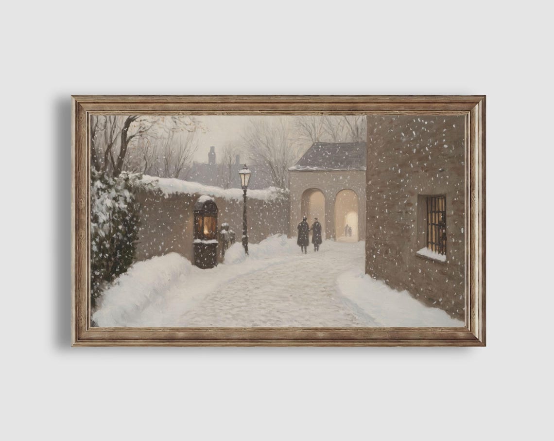 Cozy Snowy Alleyway Stone Arch Lamppost Old Town Winter Poster - Image 2
